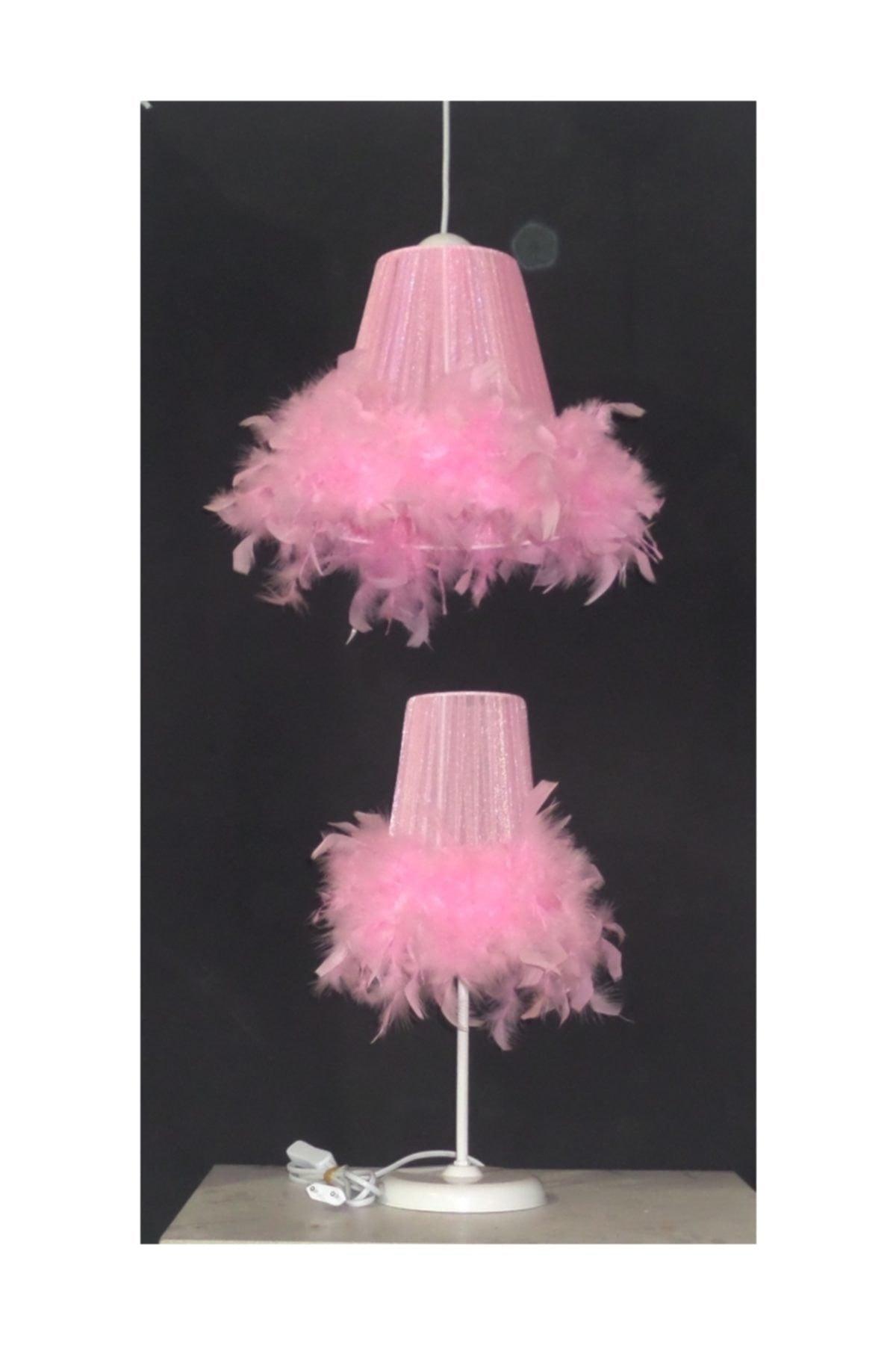 Girl Kids Room Pink Feather Chandelier Lampshade Set White Metal Leg - Swordslife