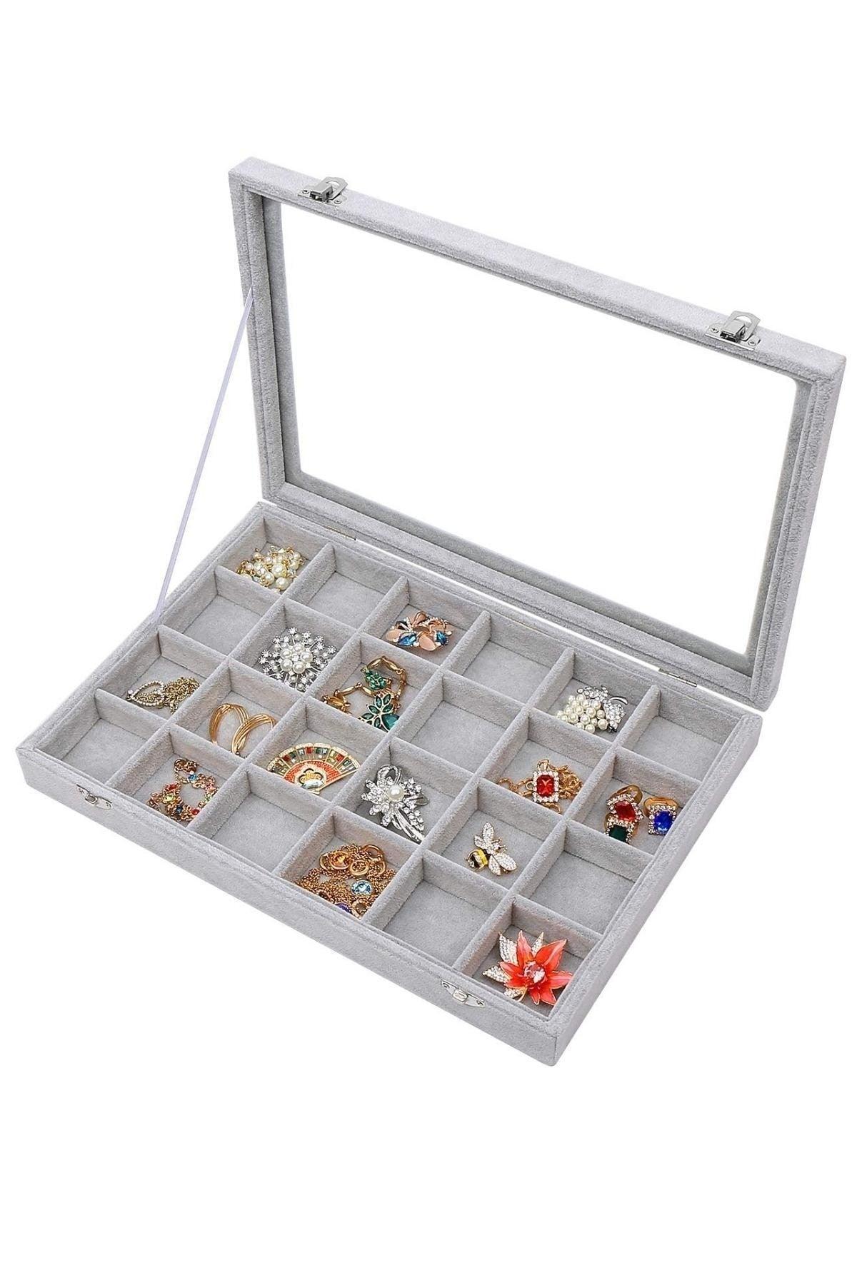 24 Section Jewelry Tray with Glass Lid Gray Suede - Swordslife