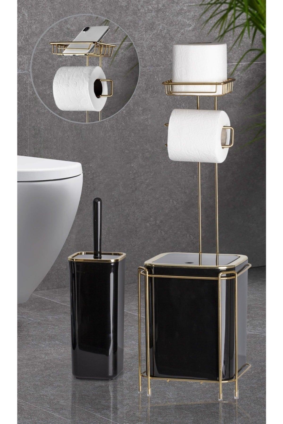 Gold Refilled Wc Paper Holder - Square Black Trash