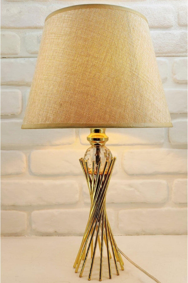 Gold Plated Twirl Metal Leg Crystal Glass Bulk Brown Fabric Cap Lampshade Table Lamp - Swordslife