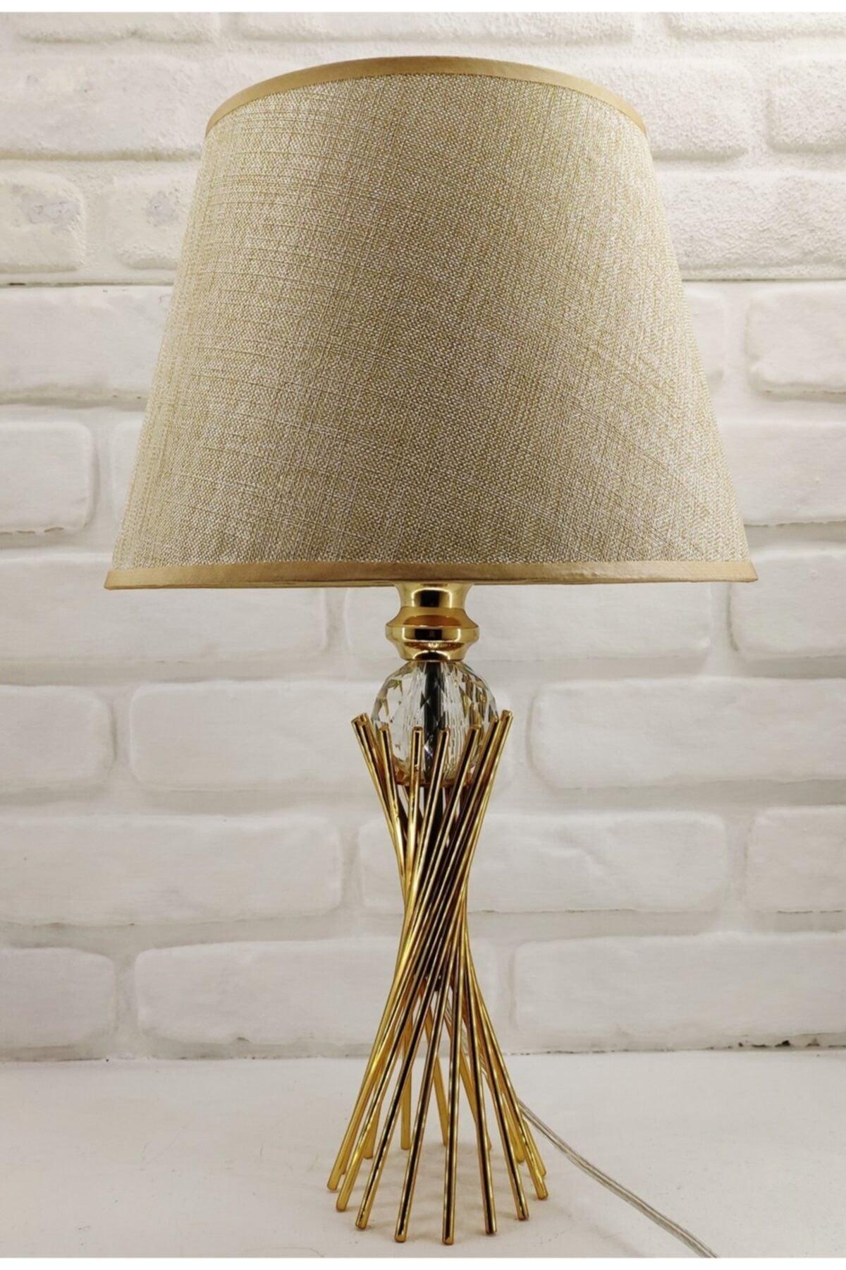 Gold Plated Twirl Metal Leg Crystal Glass Bulk Brown Fabric Cap Lampshade Table Lamp - Swordslife