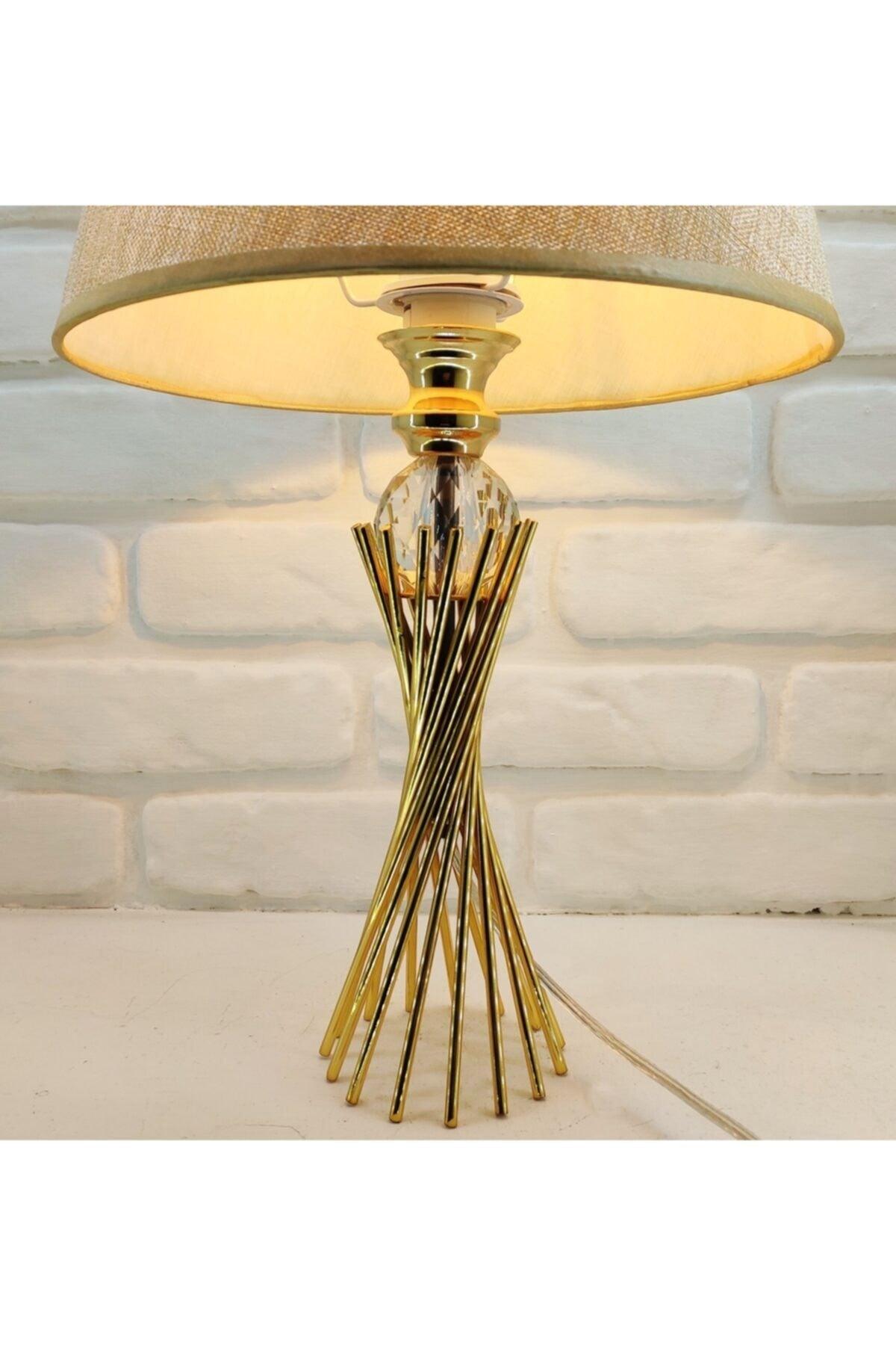 Gold Plated Twirl Metal Leg Crystal Glass Bulk Brown Fabric Cap Lampshade Table Lamp - Swordslife