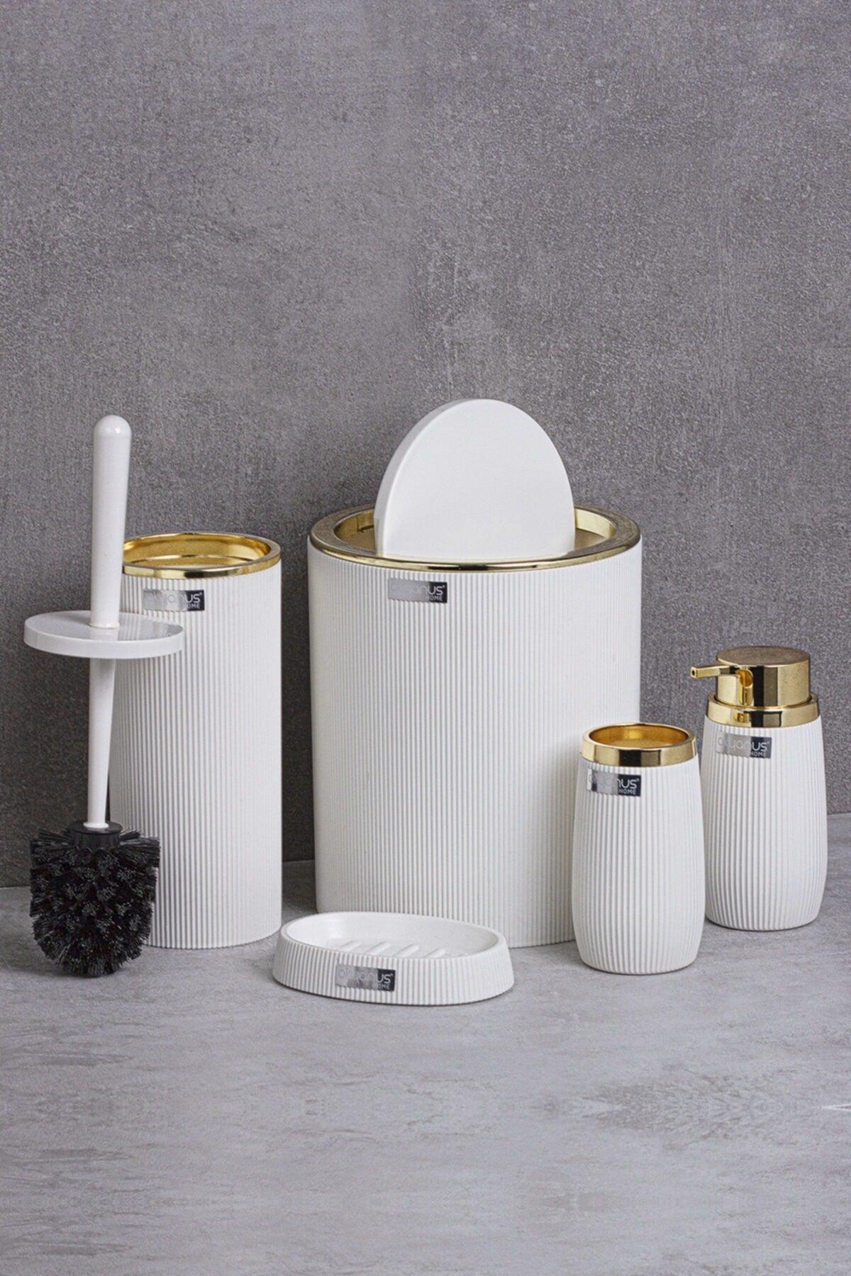 Gold Series White Striped Round 5 Piece Bathroom