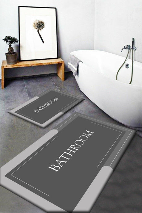 Gray Bath Written Washable Non-Slip Base 2 Pcs Bath Mat Closet Set Carpet Passo-8 - Swordslife