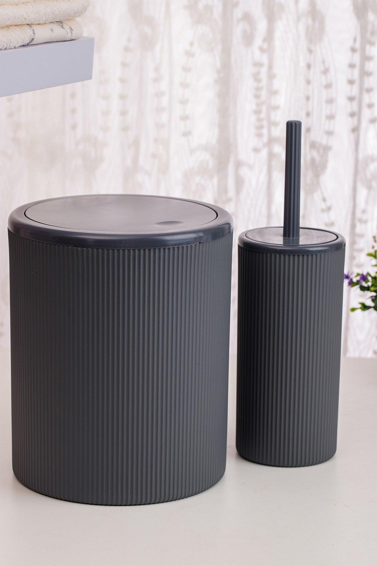 Gray Striped Round 2 Pcs Bathroom Set 2 Pcs Bathroom Set Dustbin Wc Brush - Swordslife