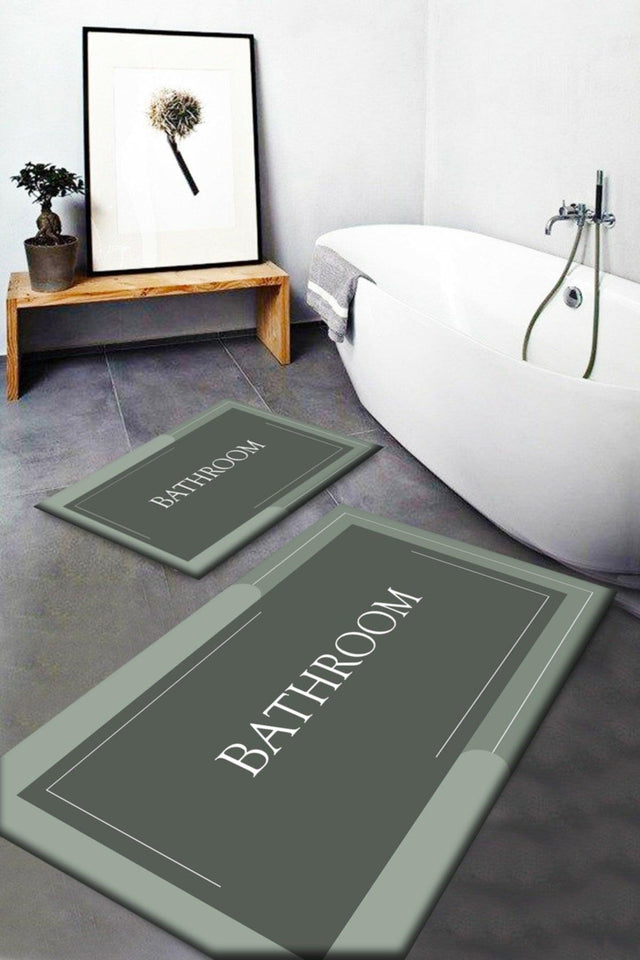 Green Khaki Bath Written Washable Non-Slip Base 2 Pcs. Bath Mat Closet Set Carpet Passo 9 - Swordslife