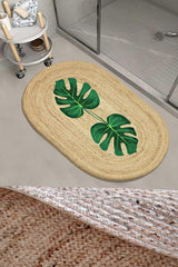 Green Leaf Pattern Rope Straw Jute Knit Oval Bathroom Rug Toilet Bowl Shower Front Mat - Swordslife