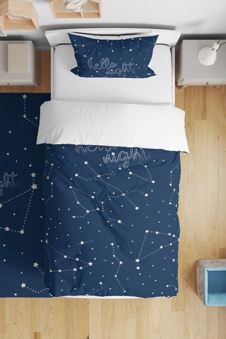 Hello Night Constellations Sky Patterned Navy Blue Single Child Duvet Cover Set - Swordslife