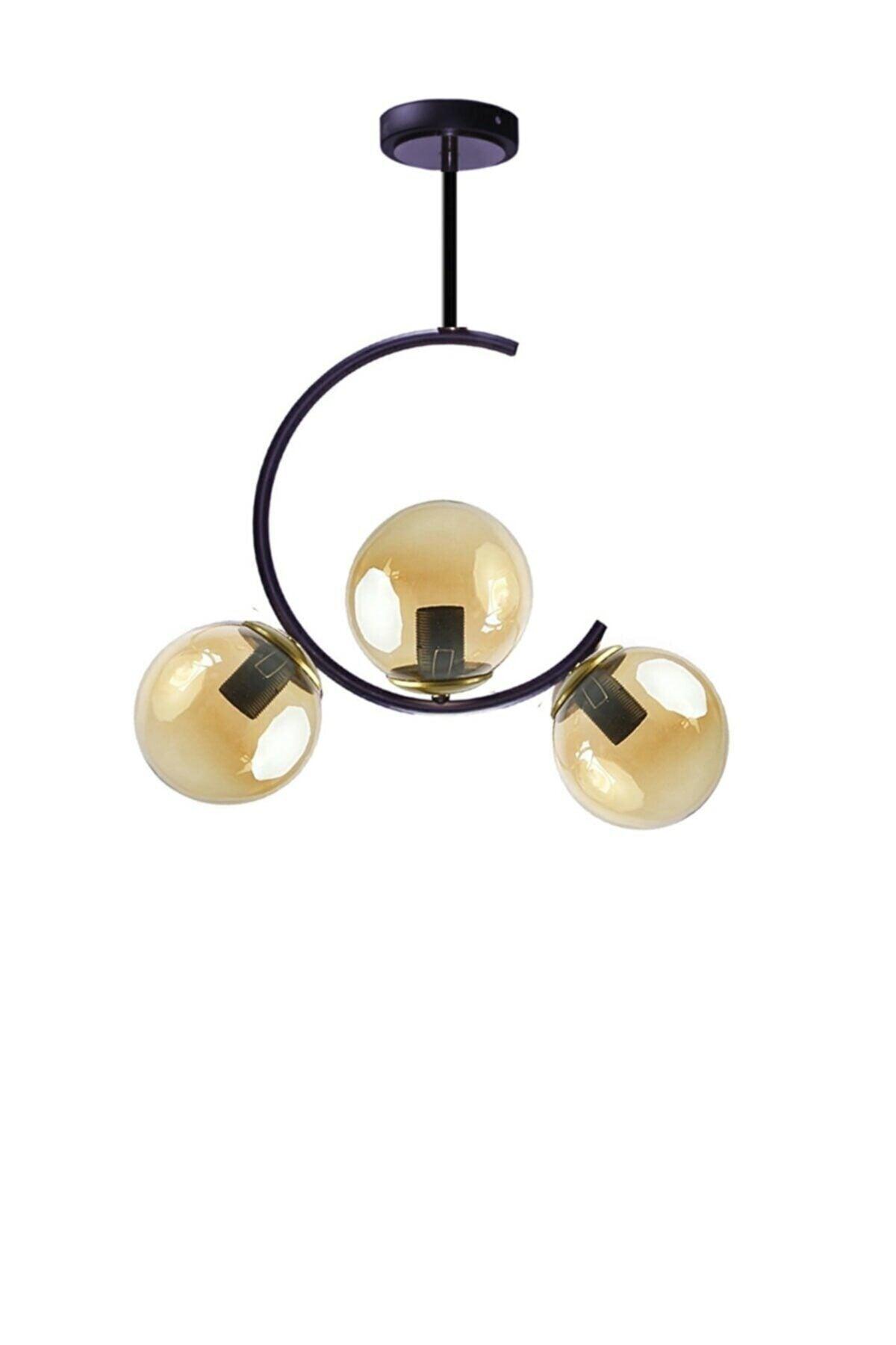 Hilal C Model Modern Sport Globe Honey Glass Black 3 Pcs Plafonyer Chandelier - Swordslife