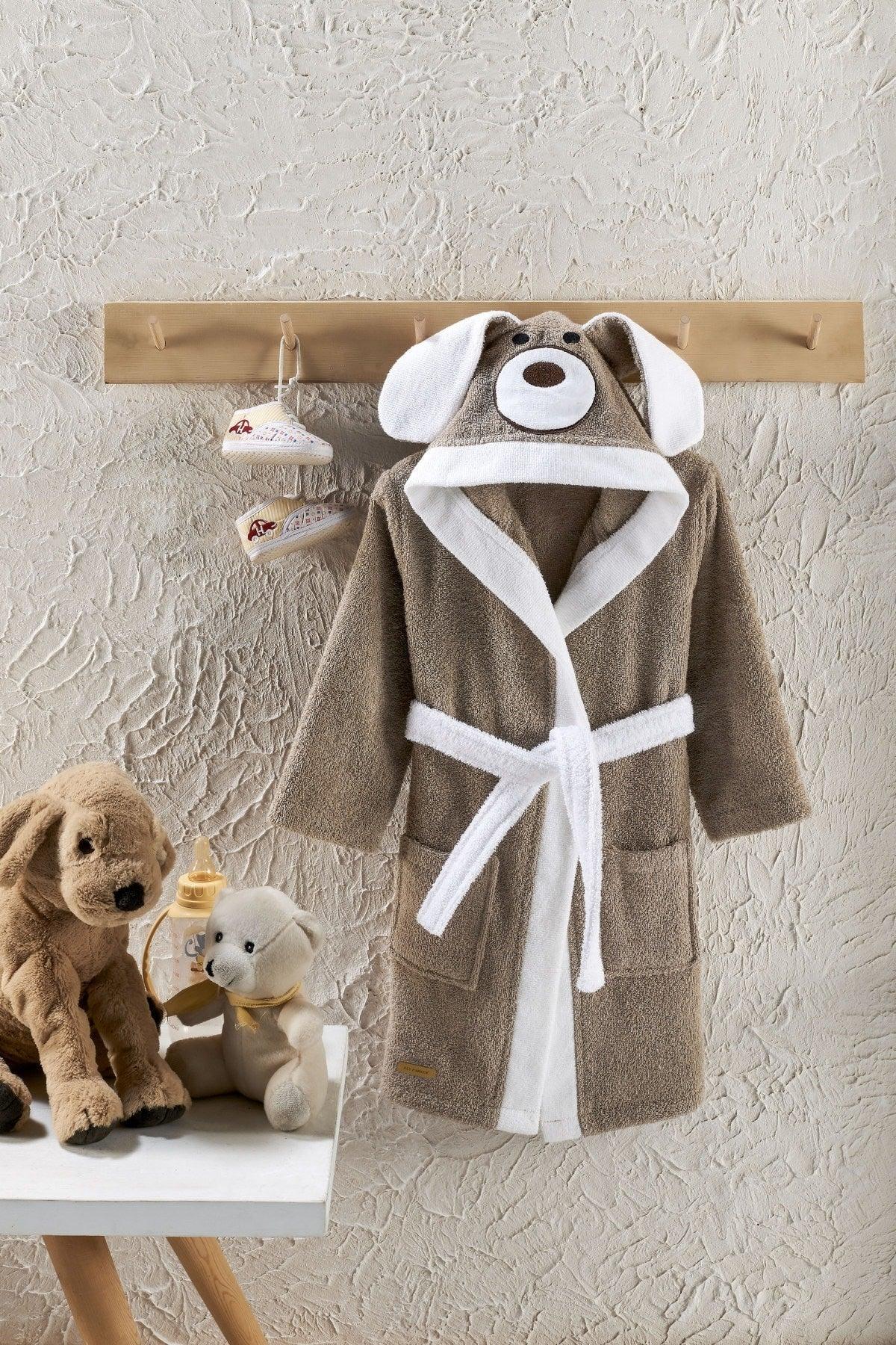 Hooded Child Bathrobe 100% Cotton Water Absorbent Baby Boy Bathrobe Brown Dog Animal - Swordslife