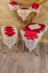 Hürrem Claret Red Velvet 5 Piece Living Room Set with Gold Lace Table Cloth Runner Set - Swordslife