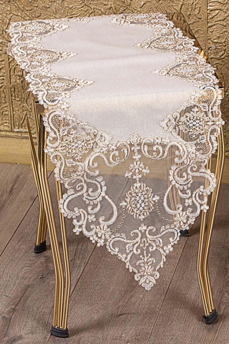 Hürrem Cream Linen on Gold Lace 5 Piece Living Room Set Table Cloth Runner Set - Swordslife