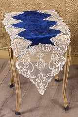 Hürrem Blue Velvet 5 Piece Living Room Set with Gold Lace Table Cloth Runner Set - Swordslife