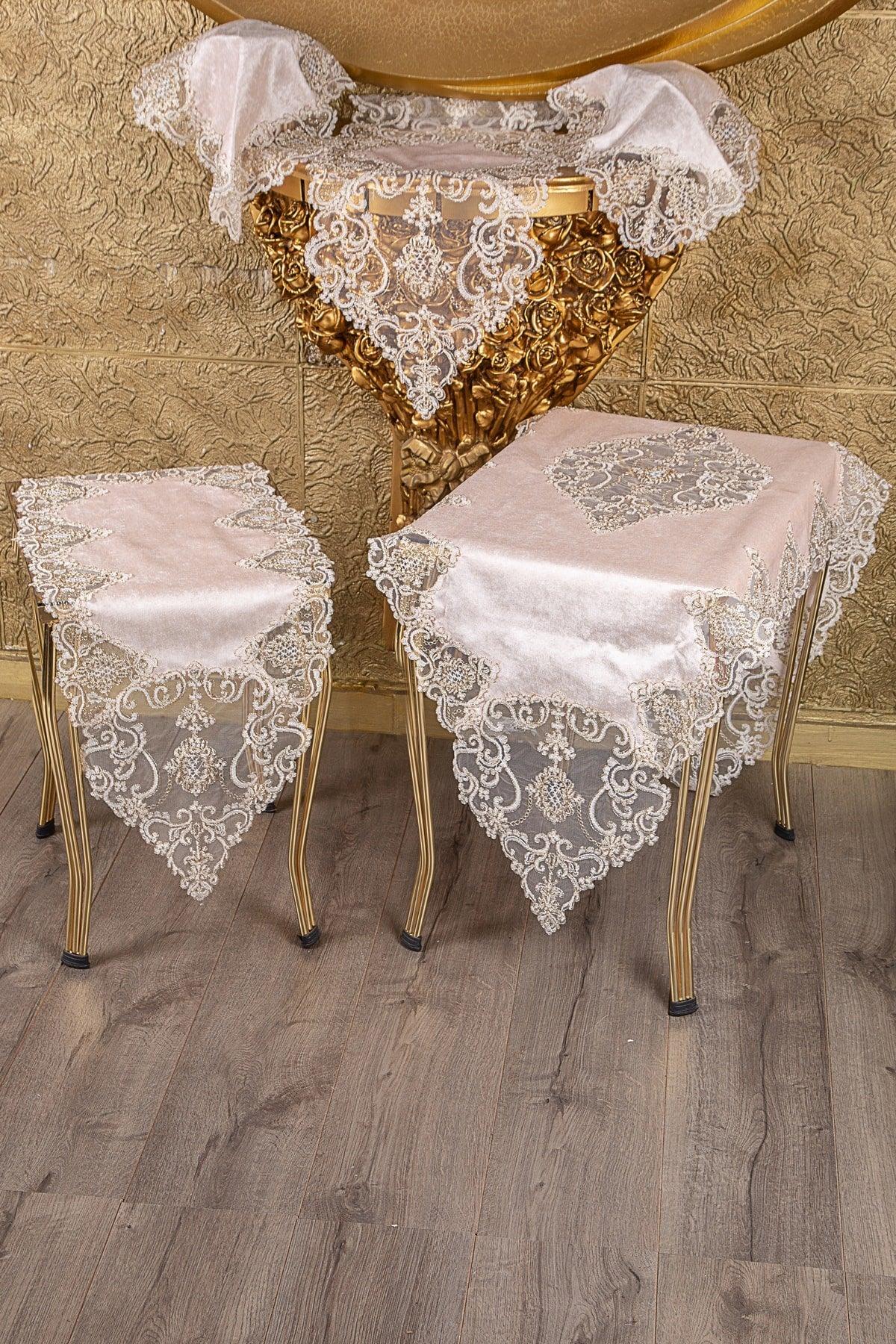 Hürrem Powder Velvet 5 Piece Living Room Set with Gold Lace Table Cloth Runner Set - Swordslife