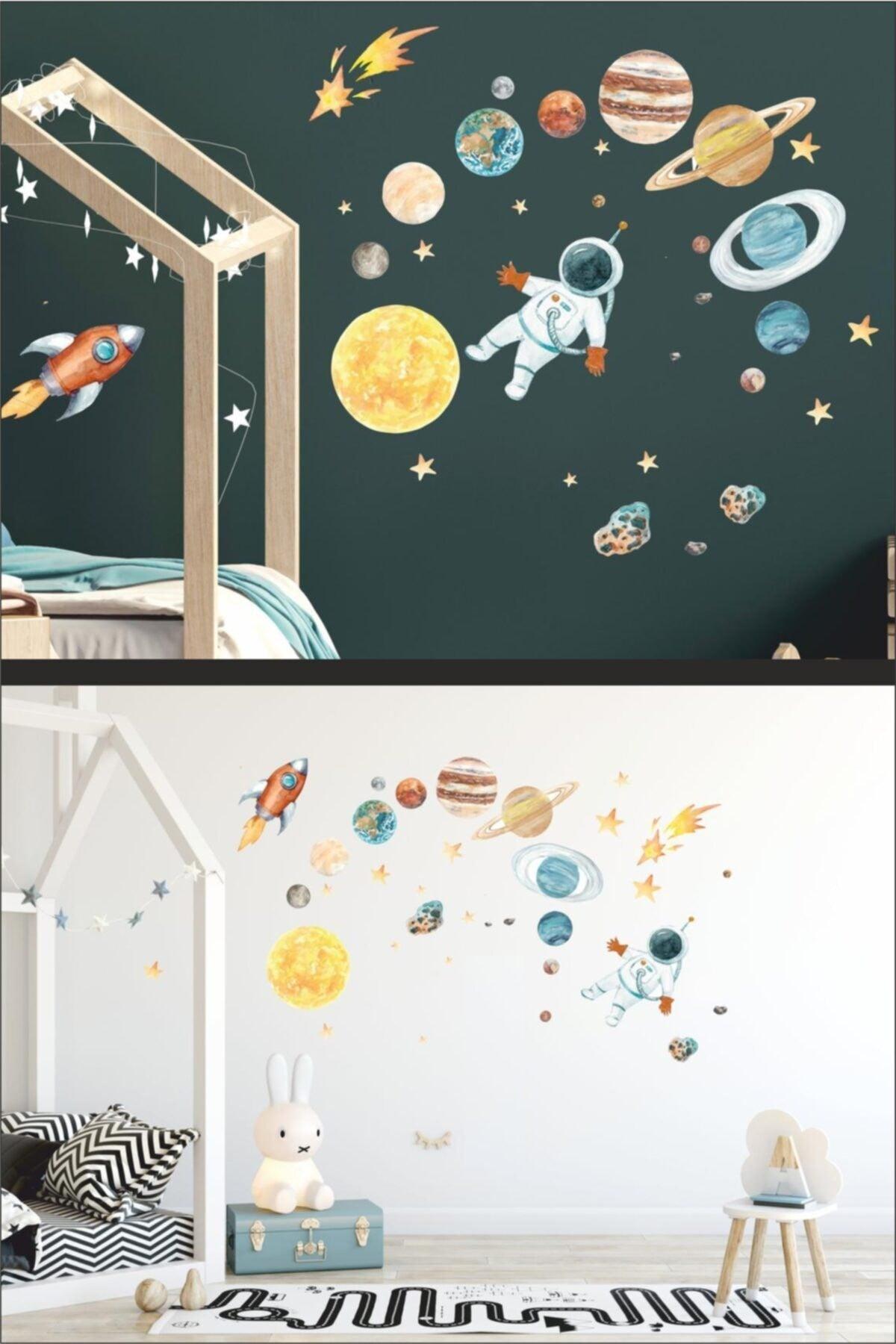 Astronaut In Space Space Shuttle Planets And Stars Kids Room Wall Sticker - Swordslife