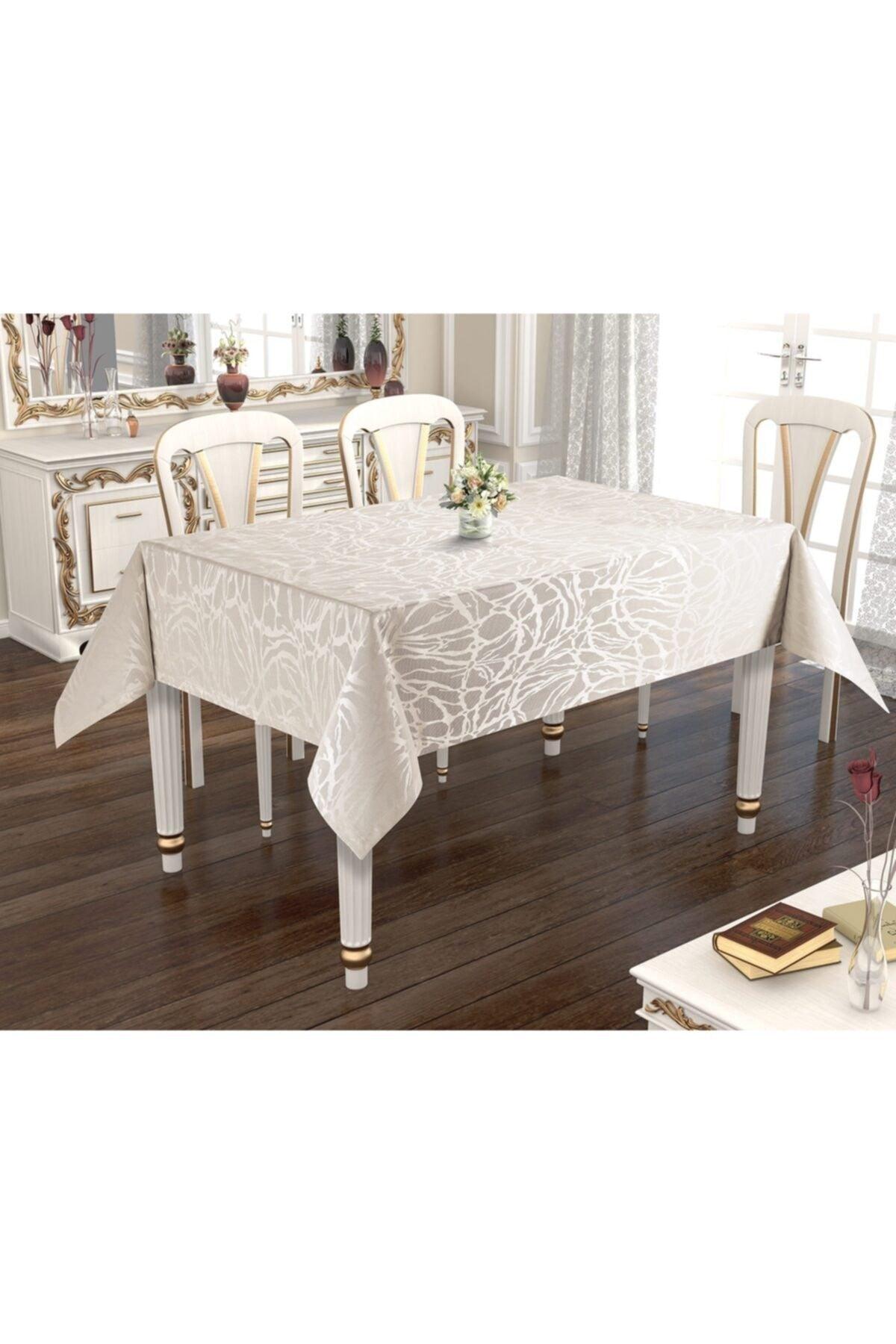 Jacquard Patterned Beige Carefree Fancy Table Cloth - Swordslife