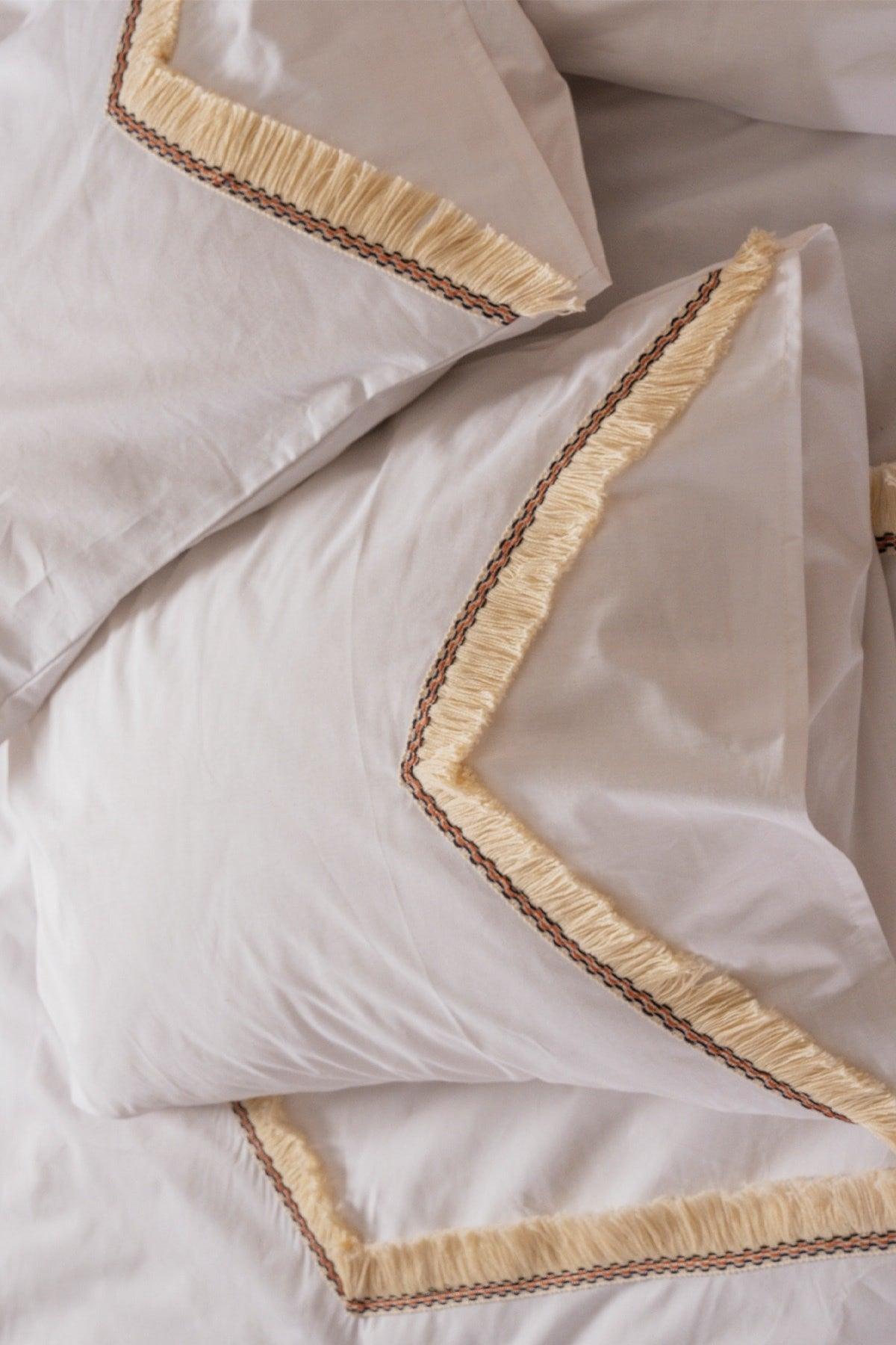 Brown Tassel Full Organic White 100% Cotton Double Duvet Cover Pillow Set - Swordslife