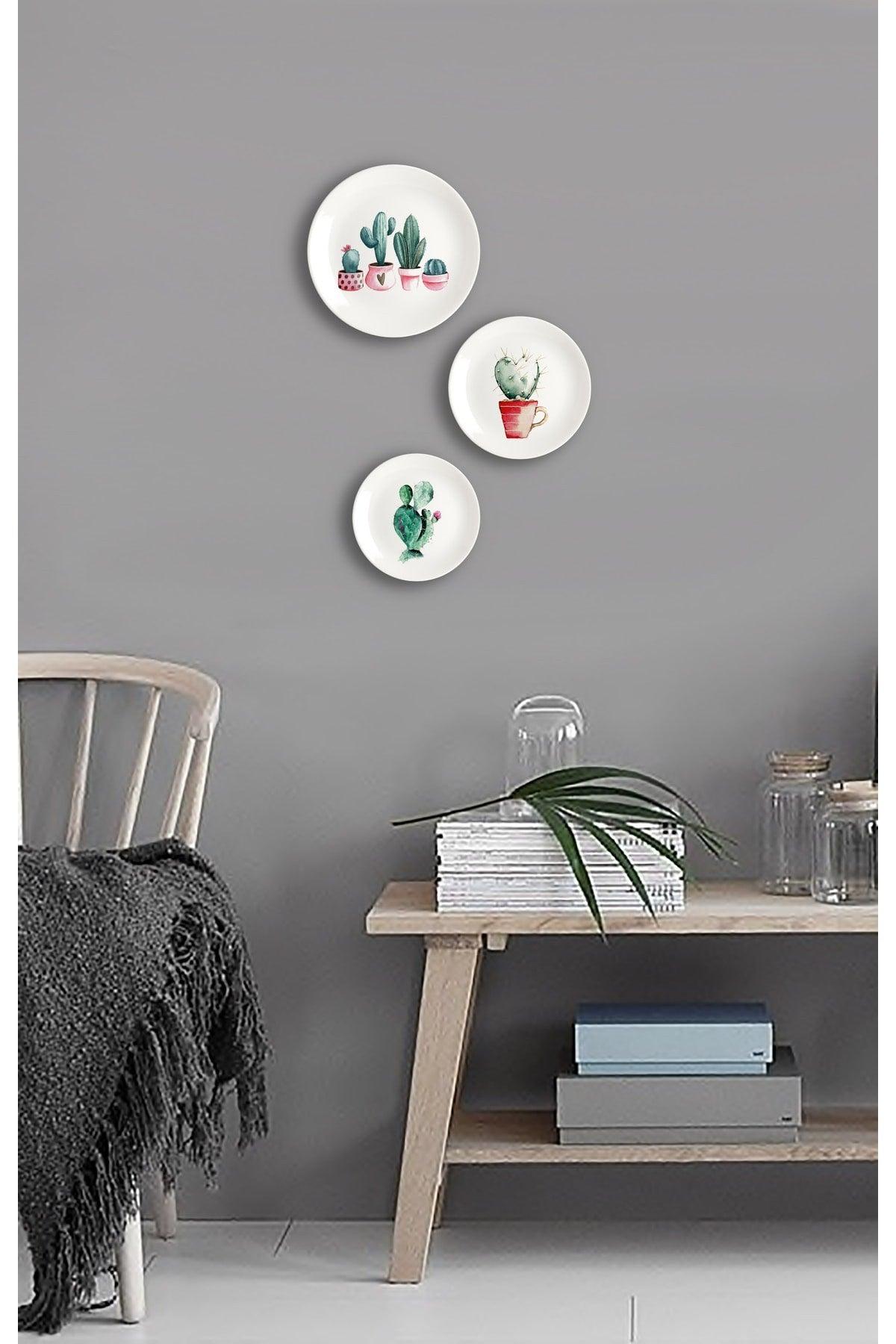 Cactus Themed Printed Porcelain 3 Wall Plate Set - Swordslife