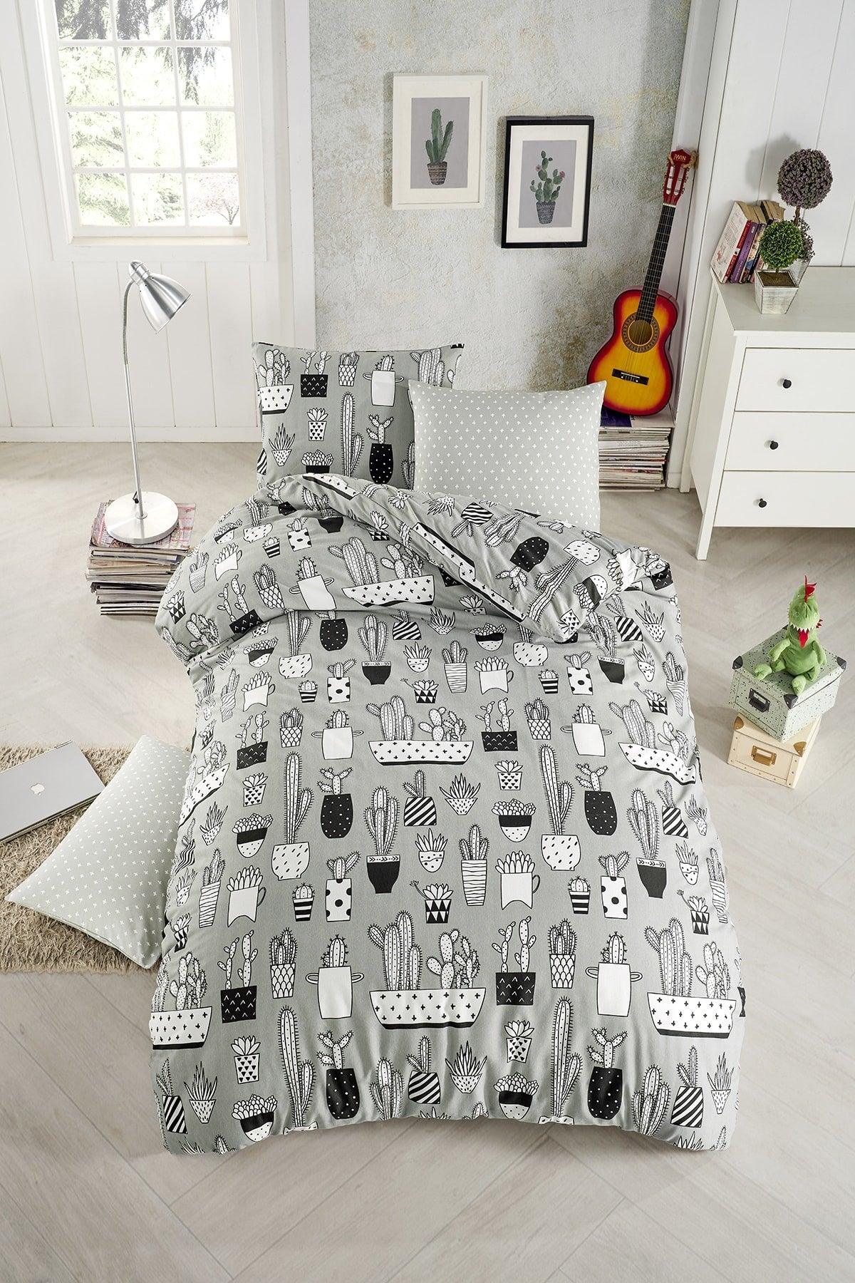 Cactus Gray Single Duvet Cover Set - Swordslife