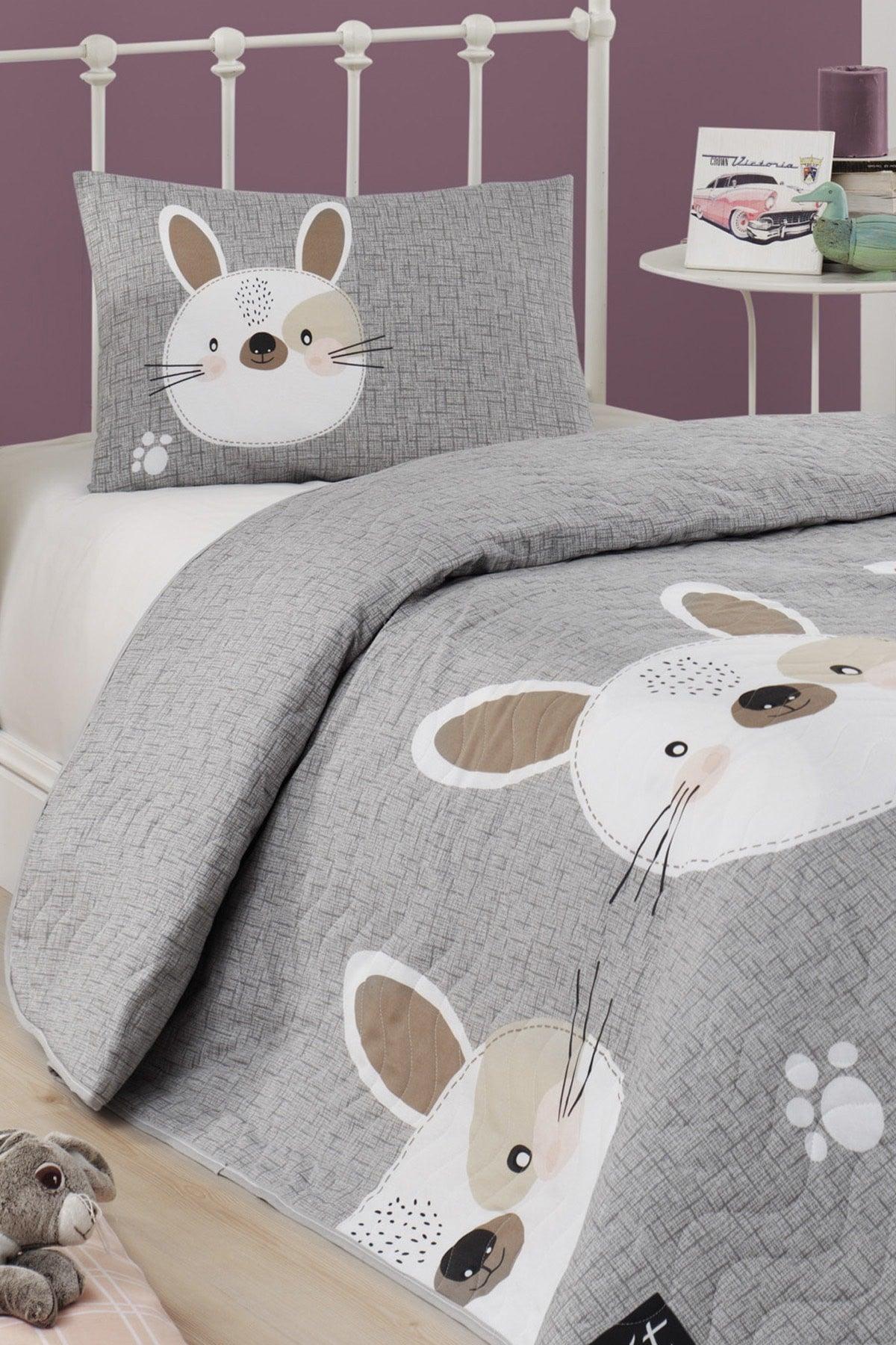 Quilted Bedspread Set Single Rabbit A.Brown-Grey-Pink - Swordslife