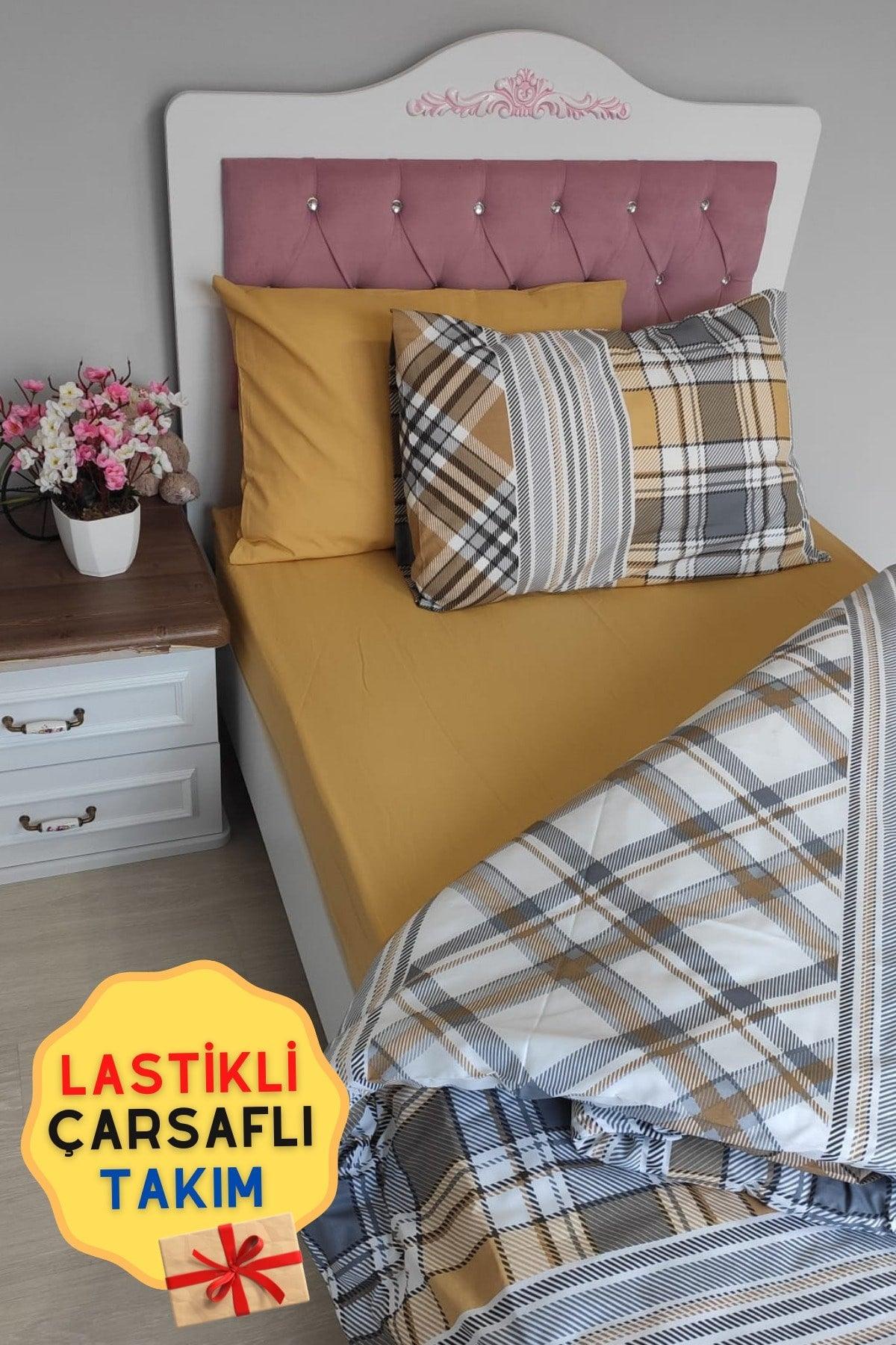 Checkered Mustard Plaid Junior Elastic Linen Single Duvet Cover Set - Swordslife