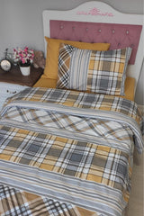 Checkered Mustard Plaid Junior Elastic Linen Single Duvet Cover Set - Swordslife