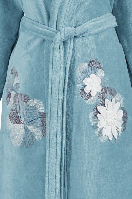 Kimono Bathrobe Velvet Aqua 100% Cotton Double Embroidery Ruched - Swordslife