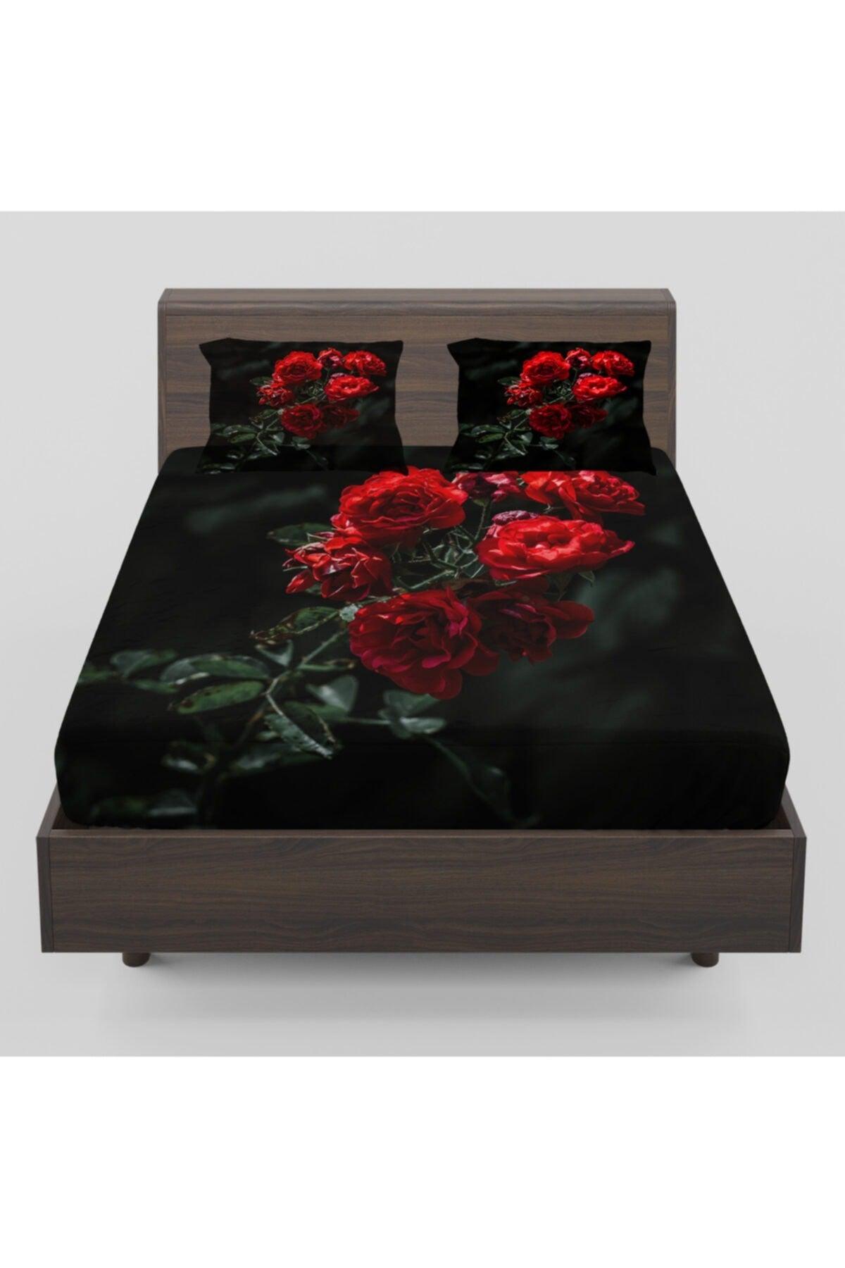 Red Roses Green Leaf Patterned Elastic Double Elastic Bed Sheet Set 160x200cm - Swordslife