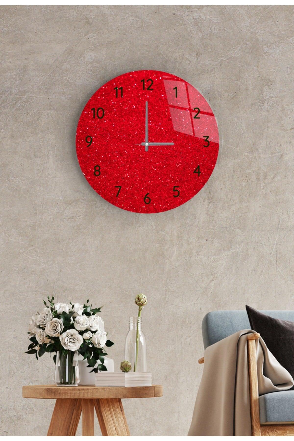 Red Glitter Pattern Decorative Glass Wall Clock Diameter 37 Cm - Swordslife