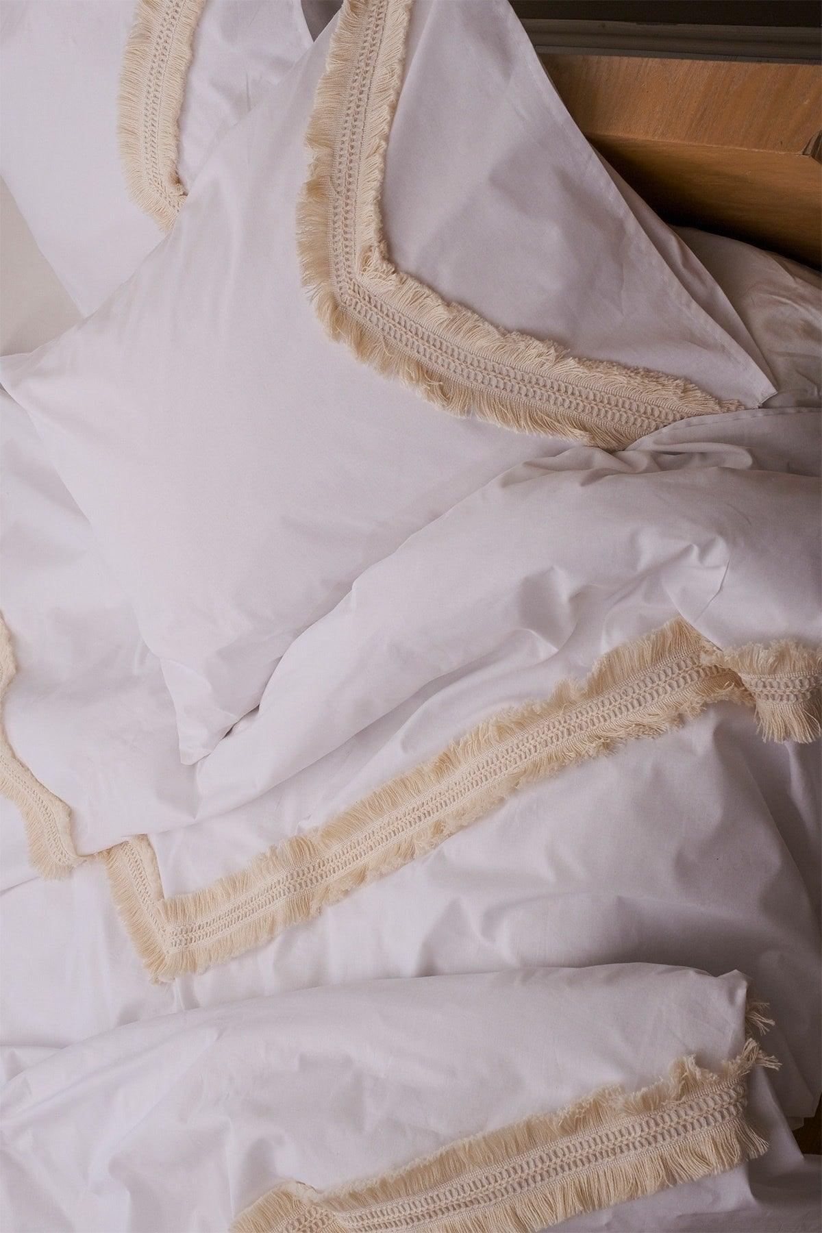 Cream Tassel Full Organic White 100% Cotton Double Duvet Cover Pillow Set - Swordslife