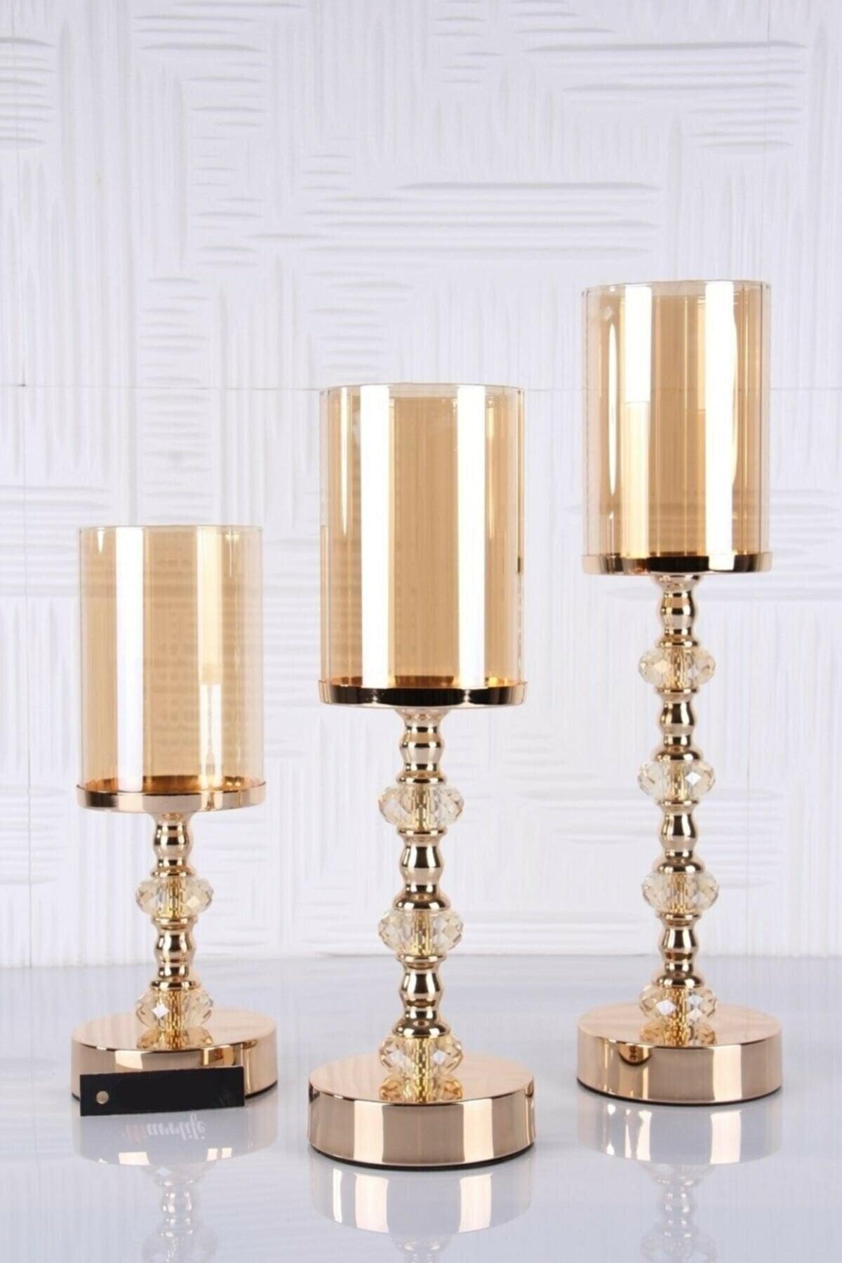 Set of 3 Gold Candlestick with Crystal Stone Leg - Swordslife