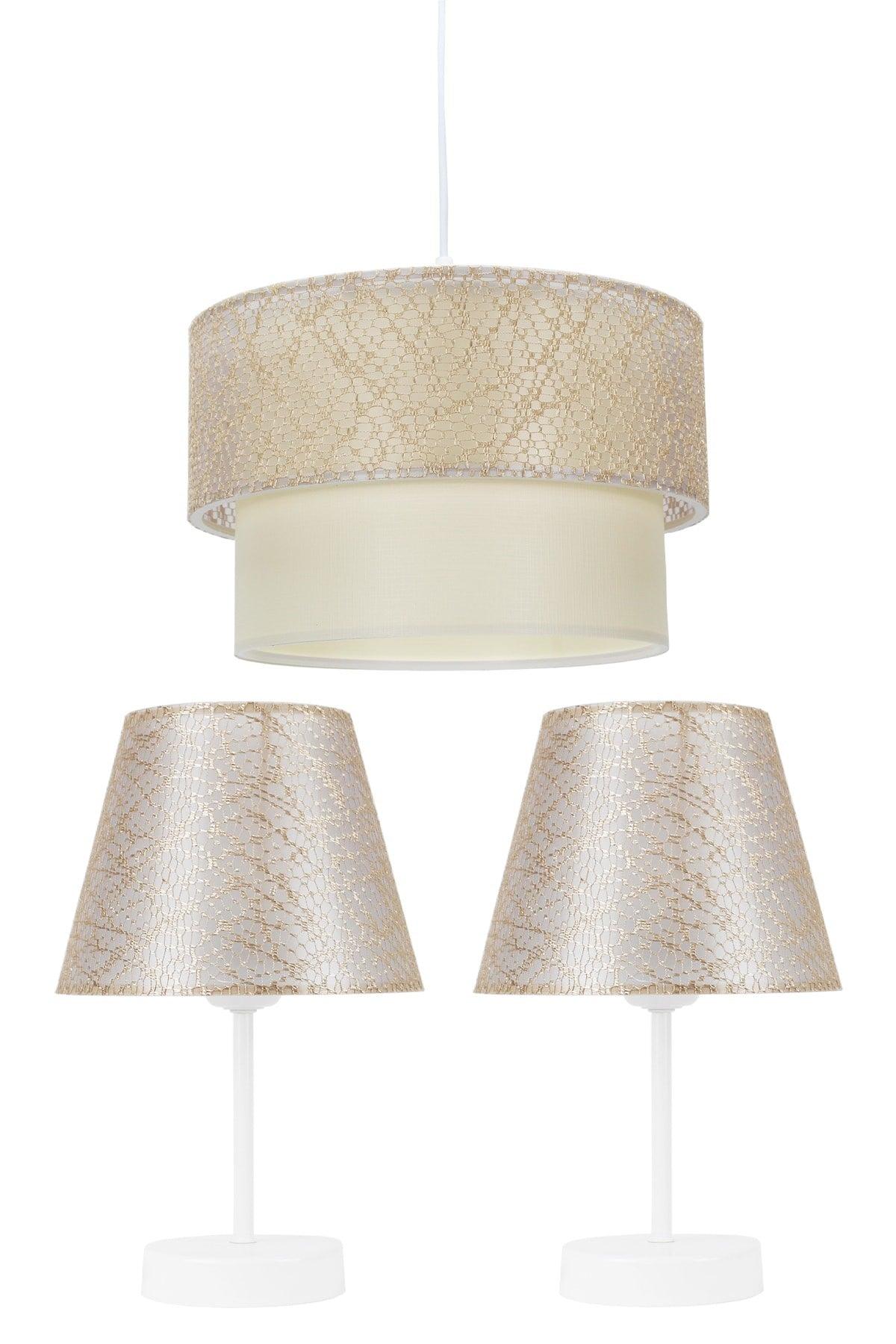 Lacy Cream Triple Lampshade And Chandelier Set Bedroom Lighting - Swordslife