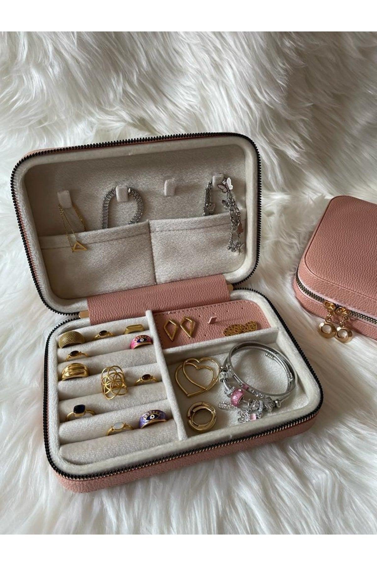 Large (14X21) Organizer Jewelry Storage Box Leather Pink Travel Case With Wooden Case - Swordslife