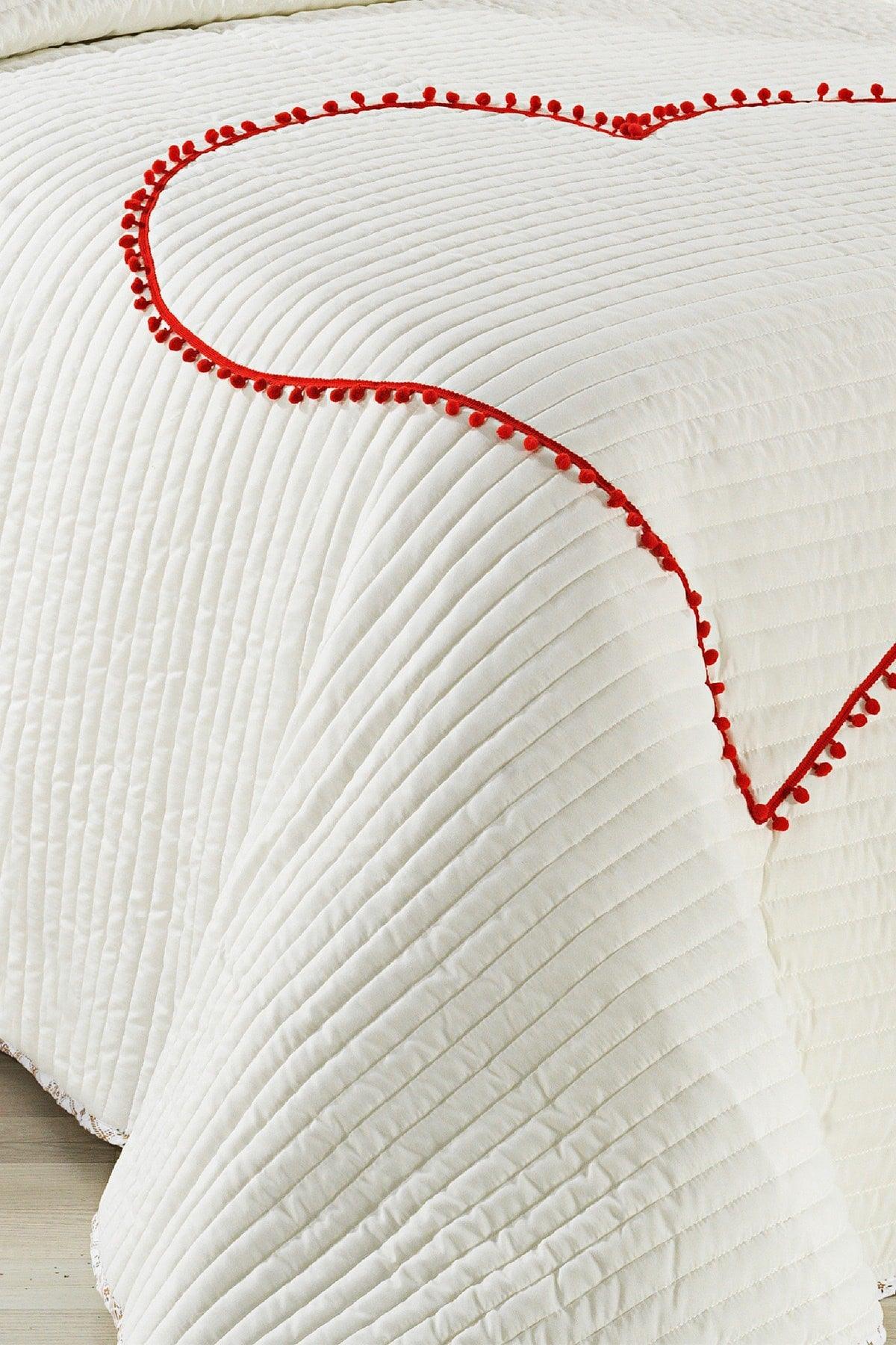 Larin Heart Pompom 100% Cotton Single Bedspread ( Pique ) Set Cream/red - Swordslife