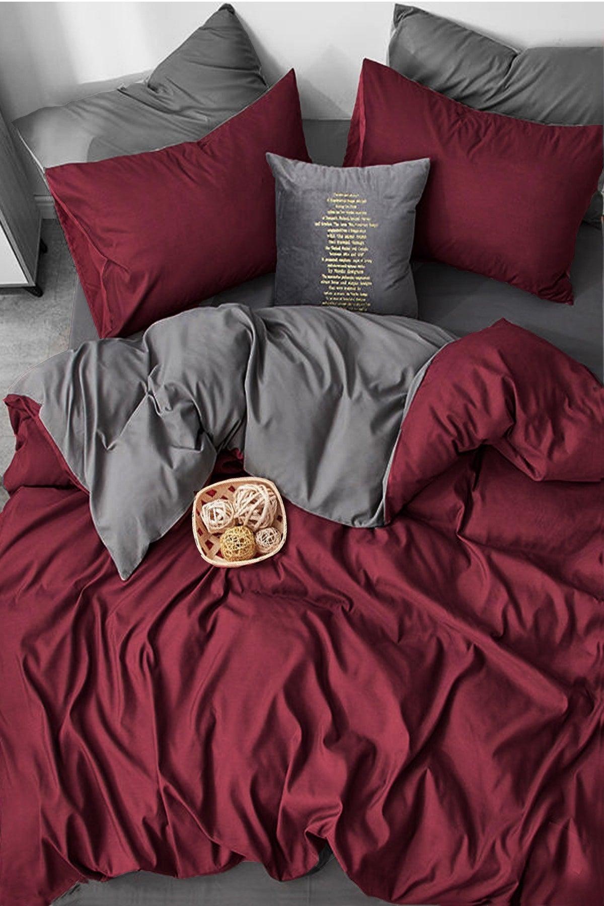 Duvet Cover Set with Elastic Linen Double Claret Red-gray - Swordslife