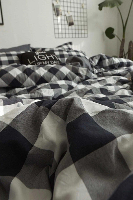 Elastic Bed Linen Duvet Cover Set Double Gingham Large Black-white - Swordslife