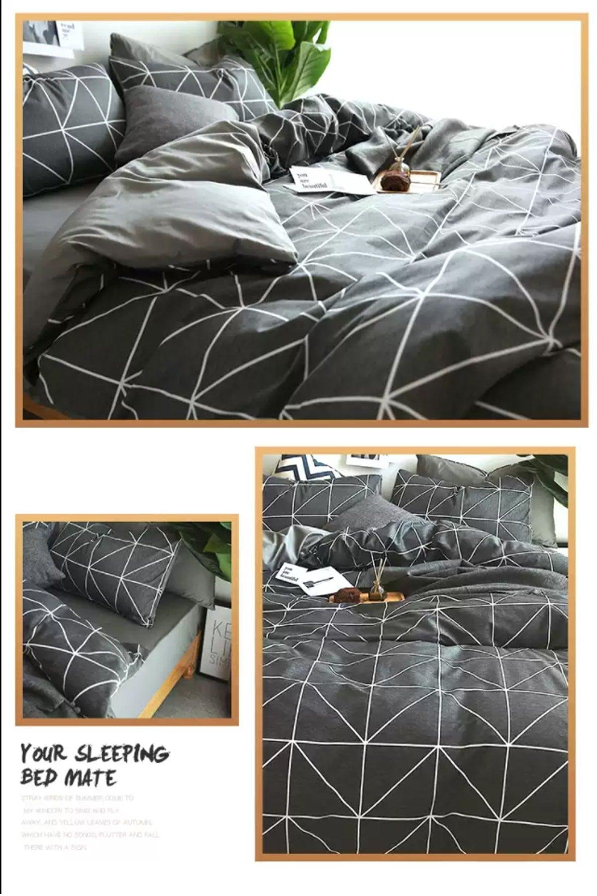 Elastic Linen Duvet Cover Set Double Pyramid Anthracite Gray - Swordslife