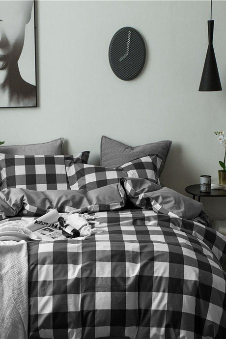 Elastic Linen Duvet Cover Set Single Double Checker Black Maxiline Blackwhite - Swordslife