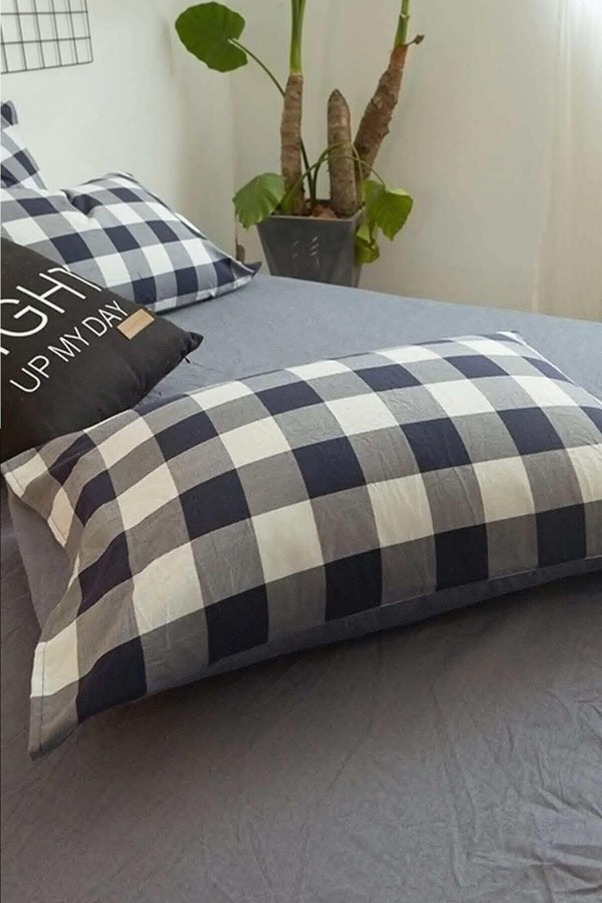 Elastic Linen Duvet Cover Set Single Double Checker Black Maxiline Blackwhite - Swordslife