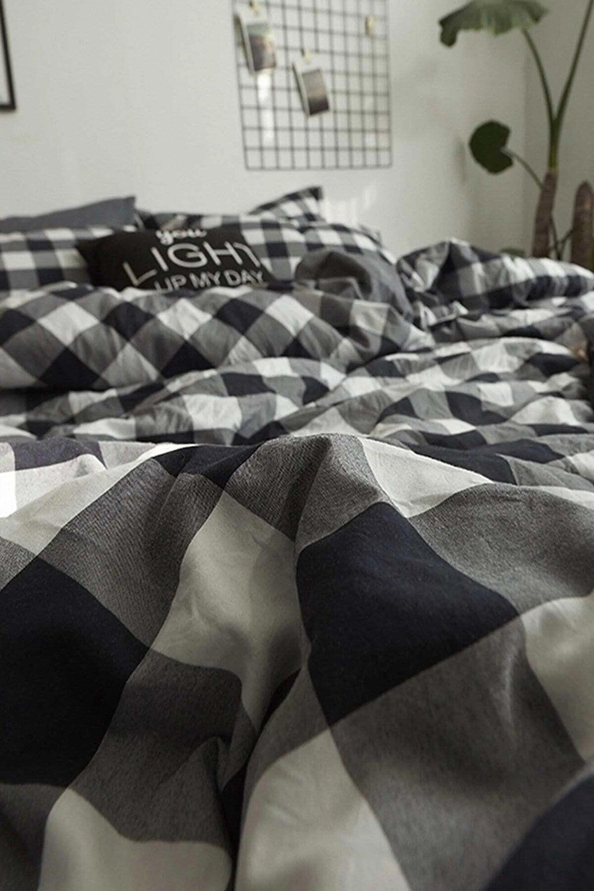 Elastic Linen Duvet Cover Set Single Double Checker Black Maxiline Blackwhite - Swordslife