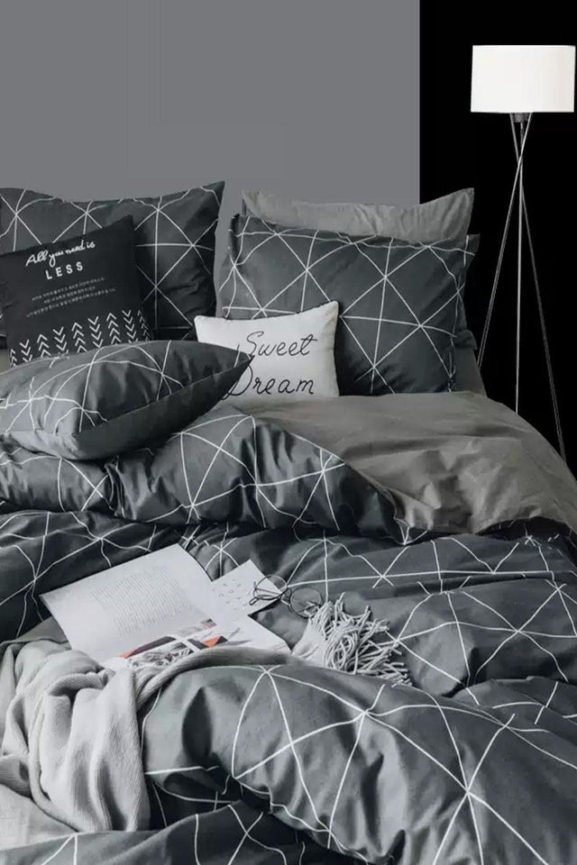 Elastic Linen Duvet Cover Set Single Geometric Basic Gray - Swordslife