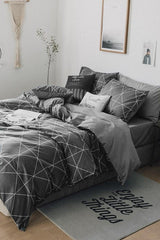 Elastic Linen Duvet Cover Set Single Geometric Basic Gray - Swordslife