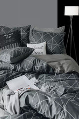 Elastic Linen Duvet Cover Set Single Geometric Basic Gray - Swordslife