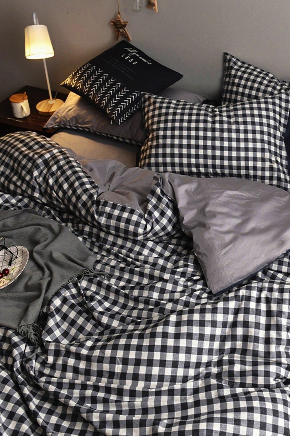 Elastic Bed Linen Duvet Cover Set Single Mini Gingham Black - Swordslife