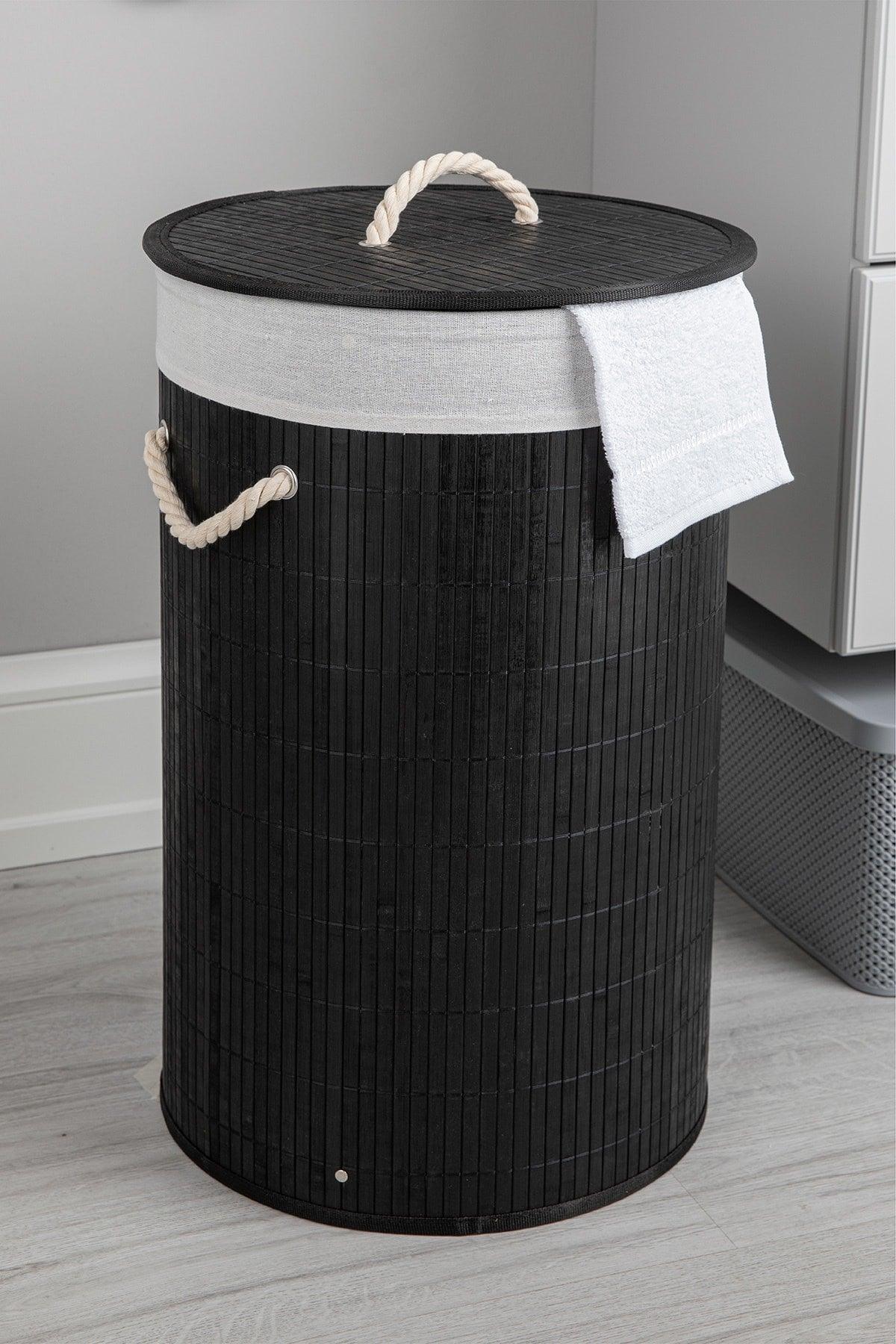 Limpia Natural Bamboo Black Round Laundry Basket - Swordslife