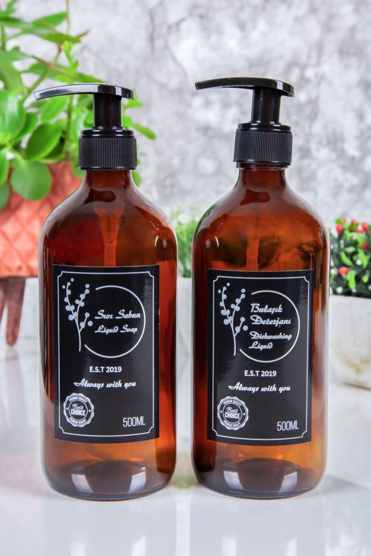 Liquid Soap And Dishwashing Liquid Amber Glass Bottle With Label 500 Ml Set Of 2 - Swordslife