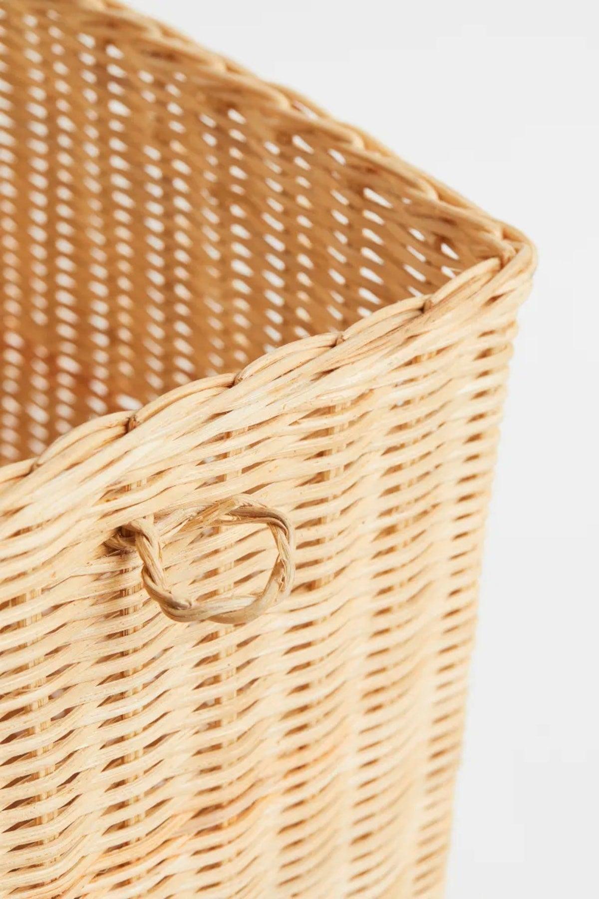 Long Knitted Rattan Basket. One Short Side Handle