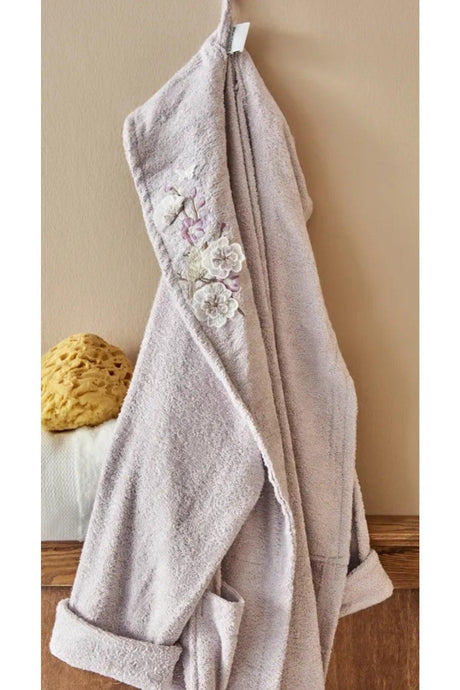 Lucy 3d Embroidered Off White-lilac Bamboo Bathrobe Set - Swordslife