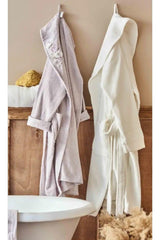 Lucy 3d Embroidered Off White-lilac Bamboo Bathrobe Set - Swordslife