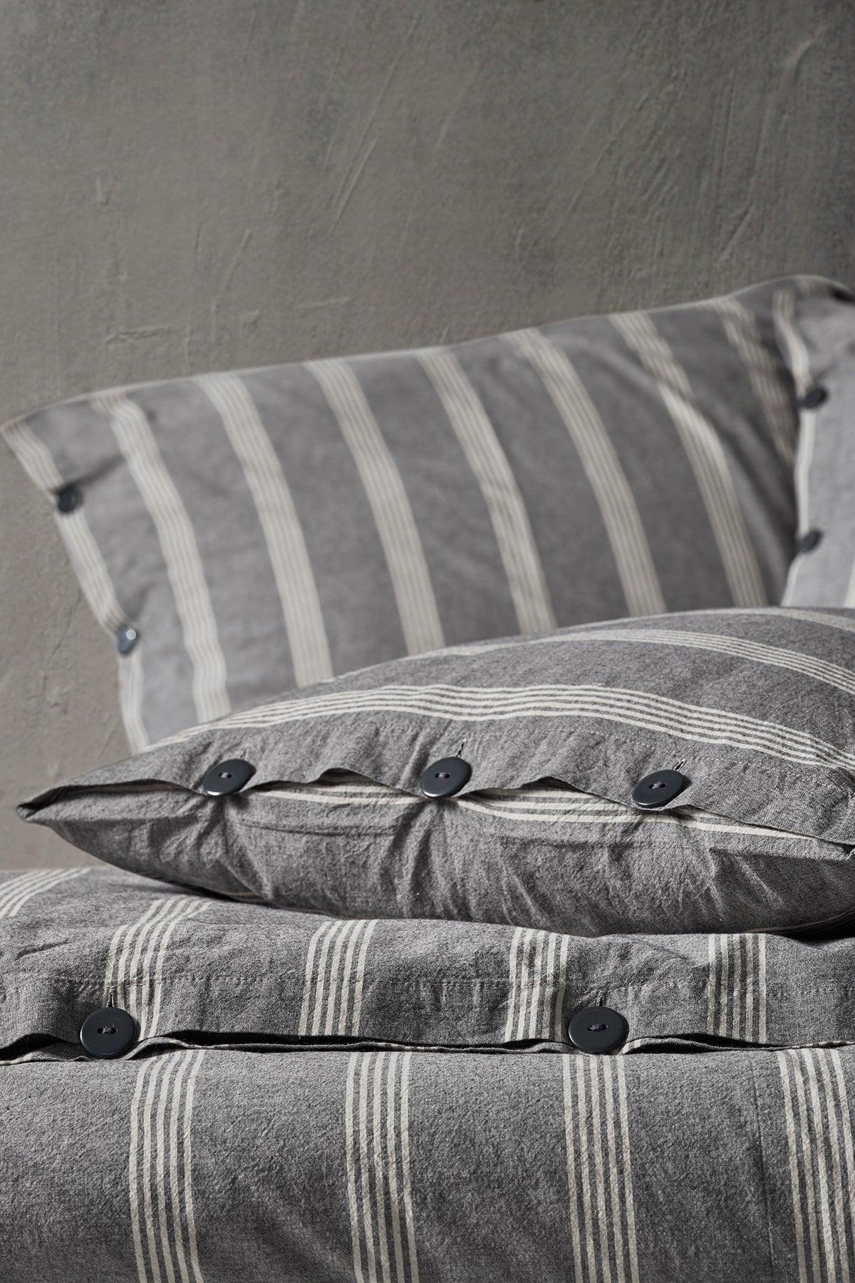 Luke Bold 100% Cotton Double Washed Yarn Dyed Striped Duvet Cover Set Anthracite - Swordslife